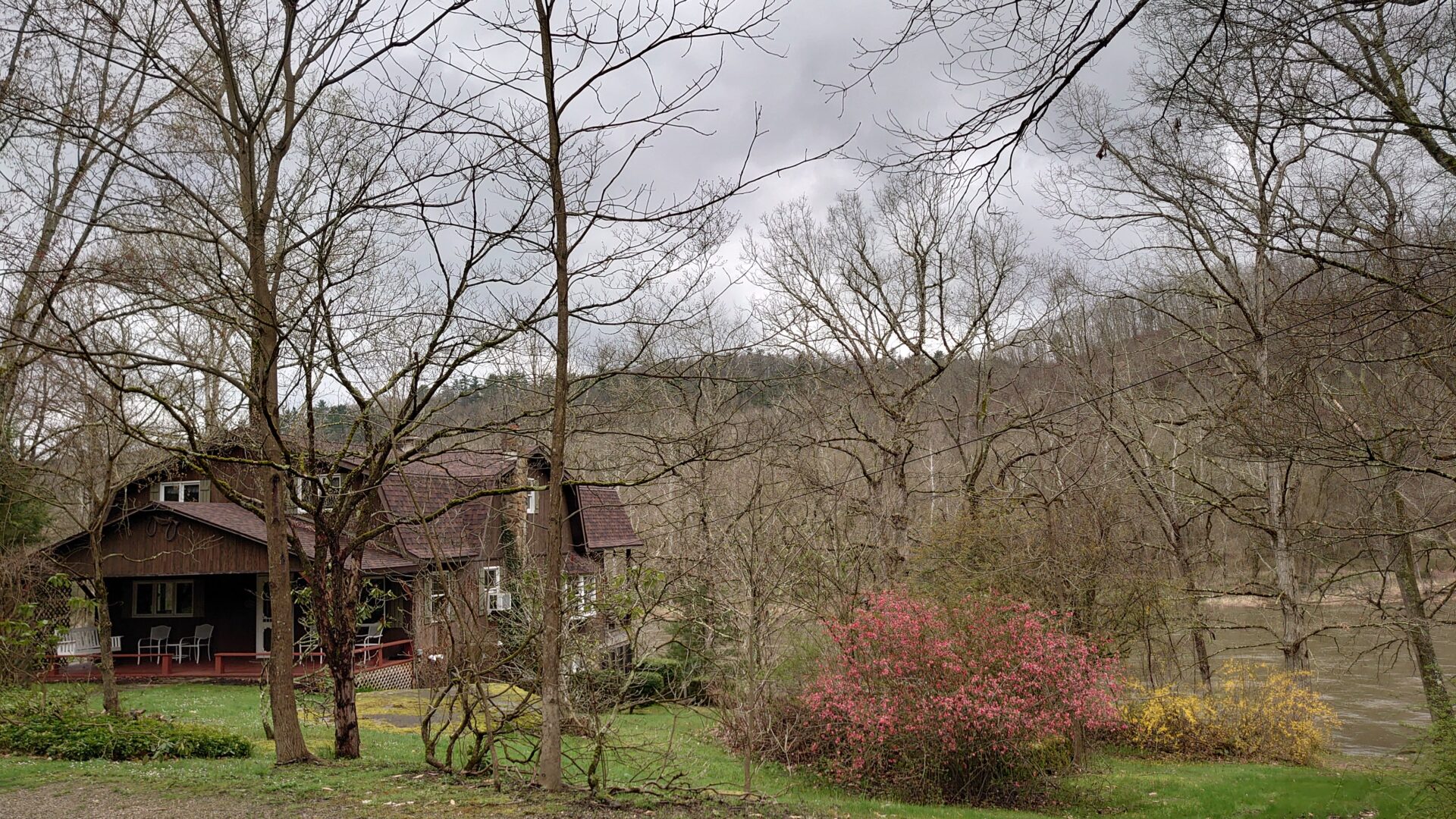 A wooden house in a wooded area.